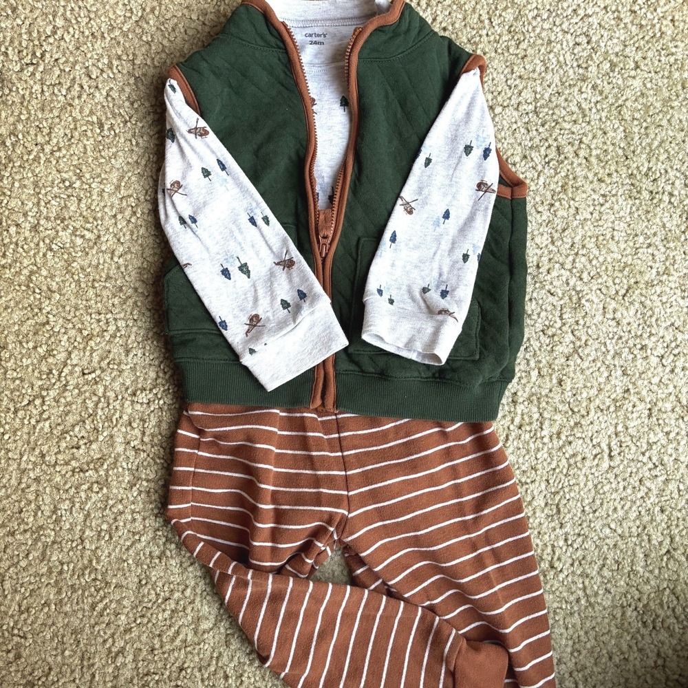 Carters 3 Piece 24 Months Set Fall Vest Pants Bodysuit Outdoor Adventure Trees - Picture 1 of 4